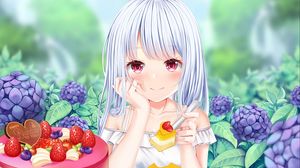 Preview wallpaper girl, glance, dessert, berries, anime