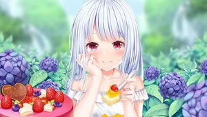 Preview wallpaper girl, glance, dessert, berries, anime
