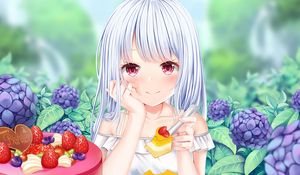 Preview wallpaper girl, glance, dessert, berries, anime