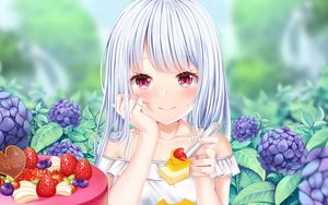 Preview wallpaper girl, glance, dessert, berries, anime