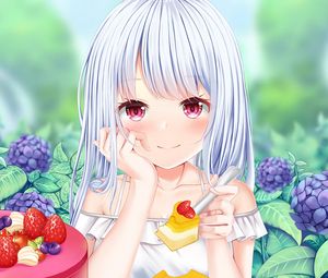 Preview wallpaper girl, glance, dessert, berries, anime