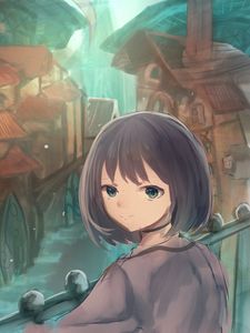 Preview wallpaper girl, glance, embankment, view, anime, art