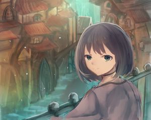 Preview wallpaper girl, glance, embankment, view, anime, art