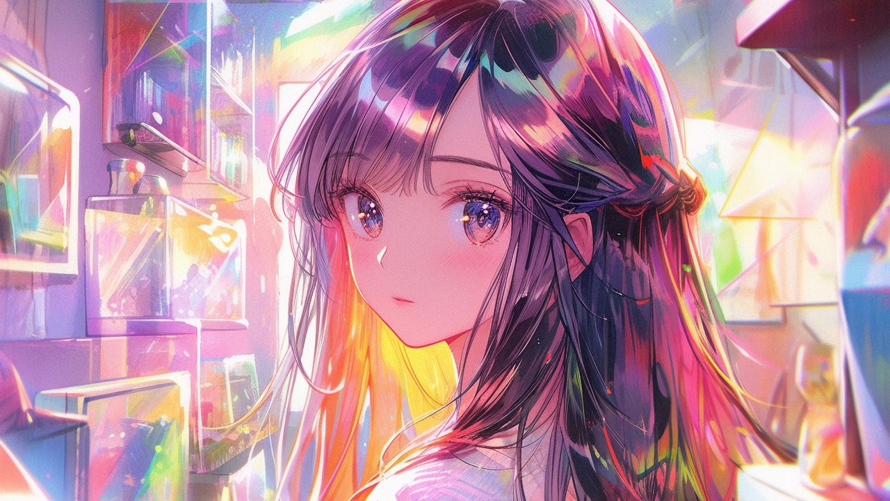 Wallpaper girl, glance, eyes, anime, art, shelves