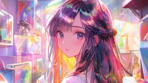 Preview wallpaper girl, glance, eyes, anime, art, shelves