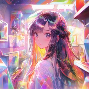 Preview wallpaper girl, glance, eyes, anime, art, shelves