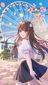 Preview wallpaper girl, glance, ferris wheel, amusement park, anime, art