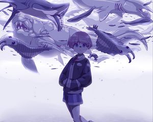 Preview wallpaper girl, glance, fish, anime, art