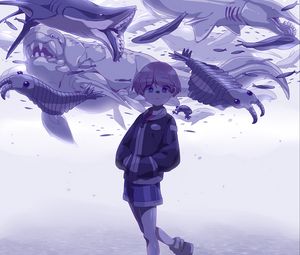 Preview wallpaper girl, glance, fish, anime, art