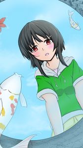 Preview wallpaper girl, glance, fish, water, under water, anime