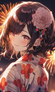 Preview wallpaper girl, glance, flower, kimono, anime