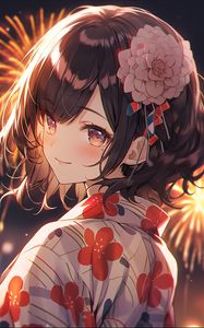 Preview wallpaper girl, glance, flower, kimono, anime