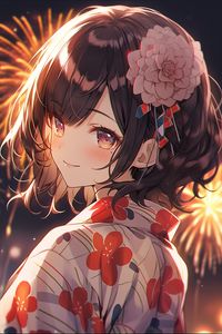 Preview wallpaper girl, glance, flower, kimono, anime