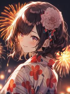 Preview wallpaper girl, glance, flower, kimono, anime