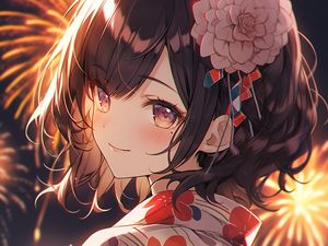 Preview wallpaper girl, glance, flower, kimono, anime