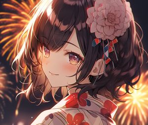 Preview wallpaper girl, glance, flower, kimono, anime