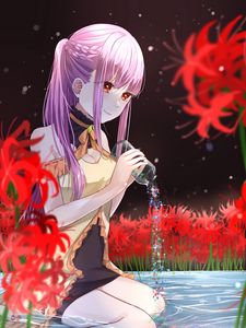 Preview wallpaper girl, glance, flowers, river, anime