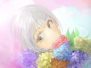 Preview wallpaper girl, glance, flowers, watercolor, anime