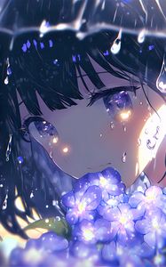 Preview wallpaper girl, glance, flowers, rain, anime