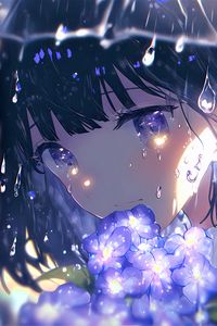 Preview wallpaper girl, glance, flowers, rain, anime