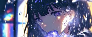 Preview wallpaper girl, glance, flowers, rain, anime