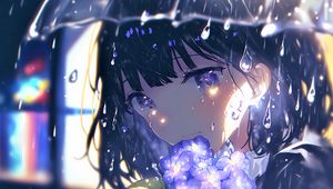 Preview wallpaper girl, glance, flowers, rain, anime