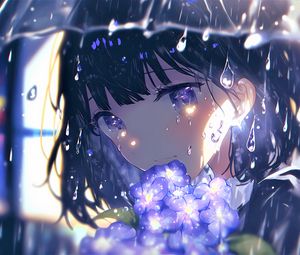 Preview wallpaper girl, glance, flowers, rain, anime