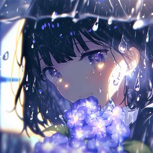 Preview wallpaper girl, glance, flowers, rain, anime