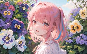 Preview wallpaper girl, glance, flowers, summer, anime