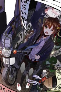 Preview wallpaper girl, glance, garage, bike, anime