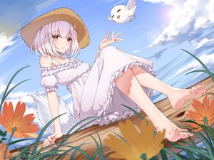 Preview wallpaper girl, glance, hat, summer, anime