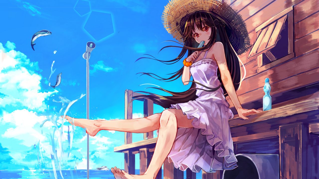 Wallpaper girl, glance, hat, ice cream, summer, anime