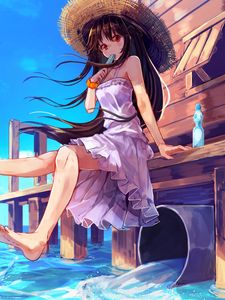 Preview wallpaper girl, glance, hat, ice cream, summer, anime