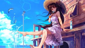 Preview wallpaper girl, glance, hat, ice cream, summer, anime