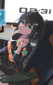 Preview wallpaper girl, glance, headphones, chair, anime