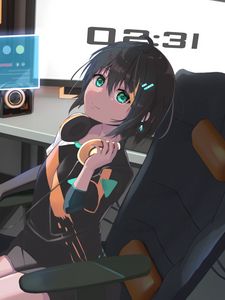 Preview wallpaper girl, glance, headphones, chair, anime