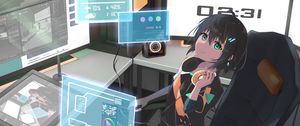 Preview wallpaper girl, glance, headphones, chair, anime