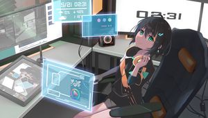 Preview wallpaper girl, glance, headphones, chair, anime