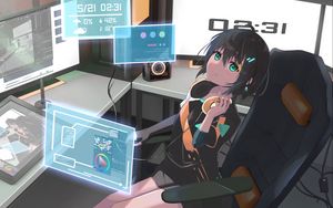 Preview wallpaper girl, glance, headphones, chair, anime