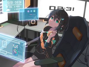 Preview wallpaper girl, glance, headphones, chair, anime