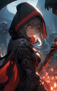 Preview wallpaper girl, glance, hood, staff, anime