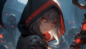 Preview wallpaper girl, glance, hood, staff, anime