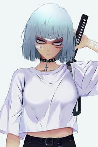 Preview wallpaper girl, glance, katana, sword, warrior, anime