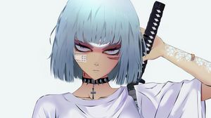 Preview wallpaper girl, glance, katana, sword, warrior, anime