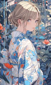 Preview wallpaper girl, glance, kimono, blue, anime, art