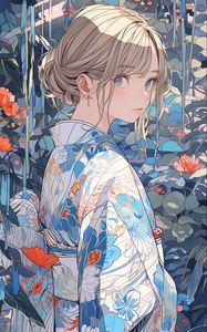 Preview wallpaper girl, glance, kimono, blue, anime, art