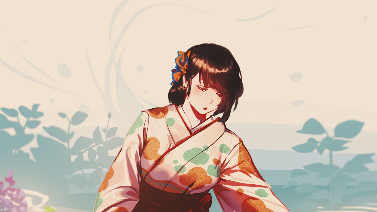 Wallpaper girl, glance, kimono, anime, art, japan