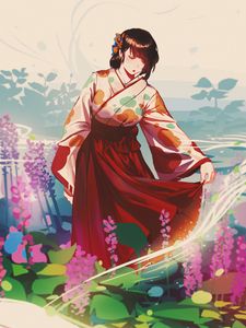 Preview wallpaper girl, glance, kimono, anime, art, japan