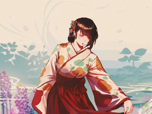 Preview wallpaper girl, glance, kimono, anime, art, japan