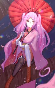 Preview wallpaper girl, glance, kimono, petals, umbrella, anime